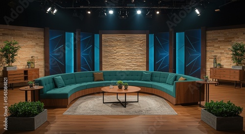Modern television studio set design with teal sofa and stone wall background for tv show production
