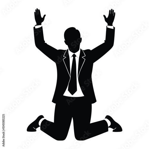 Silhouette of a businessman in a suit on his knees and begging with raised arms on white background