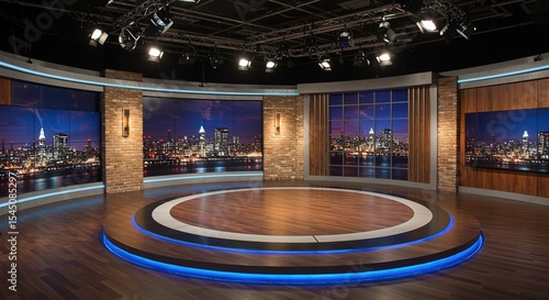 Modern studio set background for virtual production news broadcast and presentation design template backdrop
