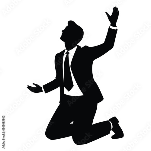 Silhouette of a businessman in a suit on his knees and begging with raised arms on white background