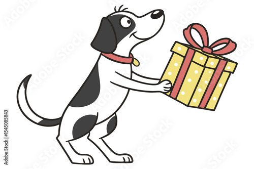 Cartoon dog with black spots happily presents a yellow gift box with red ribbon