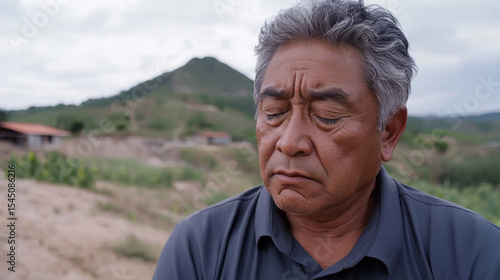 Reflective man with eyes closed in peaceful outdoor mountain landscape
