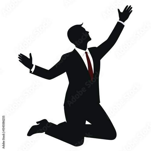 Silhouette of a businessman in a suit on his knees and begging with raised arms on white background