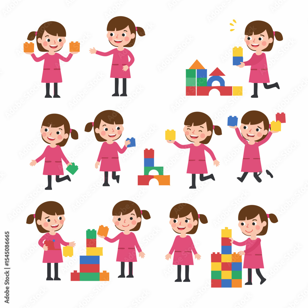 Girl building blocks: A cheerful young girl in various poses, playfully interacting with colorful building blocks, showcasing creativity and joy of childhood. Girl building blocks: A cheerful young girl in various poses, playfully interacting with colorful building blocks, showcasing creativity and joy of childhood.