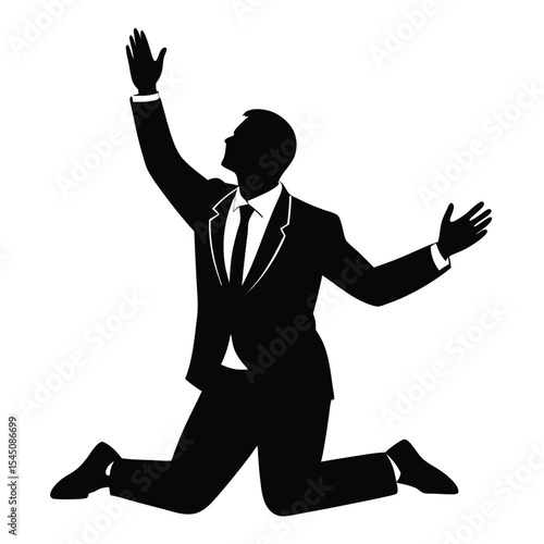 Silhouette of a businessman in a suit on his knees and begging with raised arms on white background