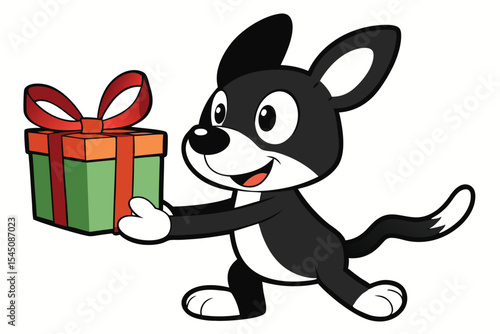 Cartoon dog with black fur happily carries a present in vibrant orange and green colors