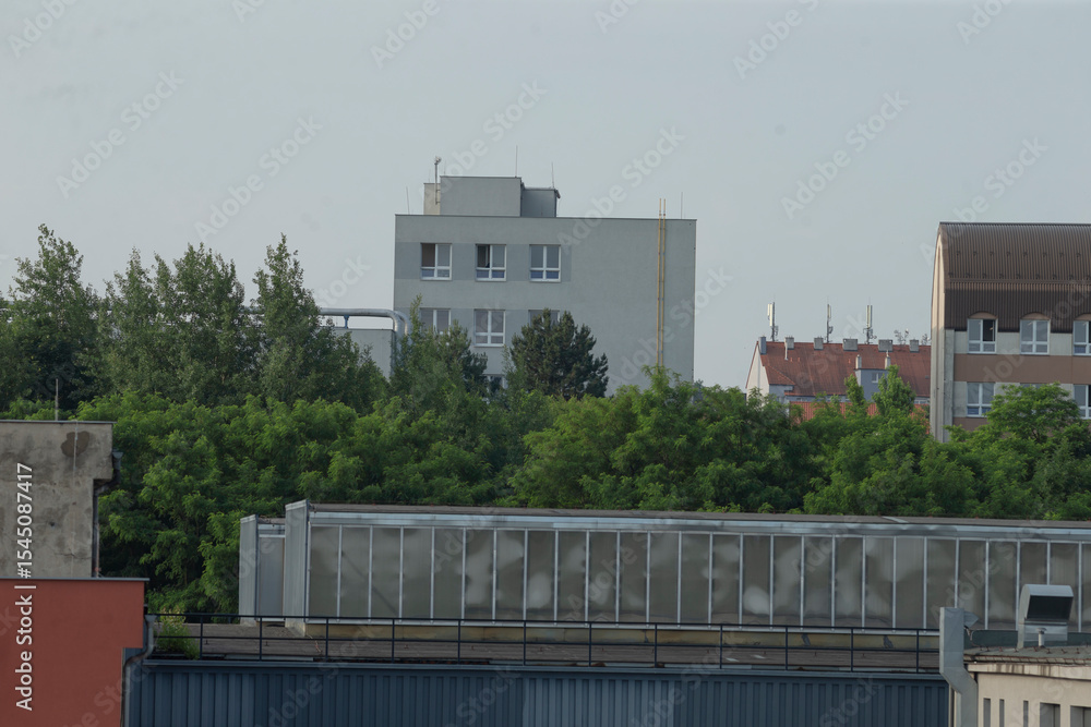 A large building that features a multitude of windows is surrounded by a variety of lush trees, creating a beautiful urban environment A large building that features a multitude of windows is surrounded by a variety of lush trees, creating a beautiful urban environment