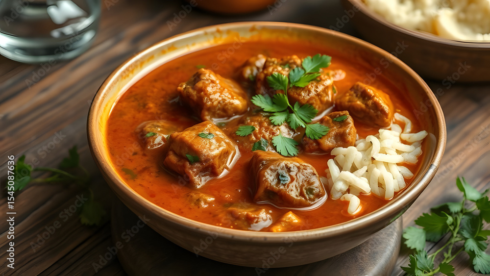 Spicy Lamb Curry with Rice in Rustic Bowl, Close-up View Spicy Lamb Curry with Rice in Rustic Bowl, Close-up View