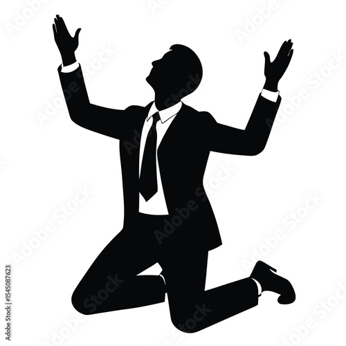 Silhouette of a businessman in a suit on his knees and begging with raised arms on white background