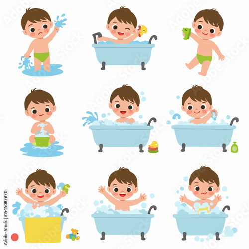 Joyful Bath Time Moments: A delightful montage of a young toddler's bath time adventures, brimming with pure, unadulterated happiness and playful splashes. 