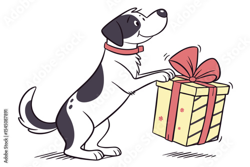 Cartoon spotted dog excitedly checks a floral gift with a bow on top