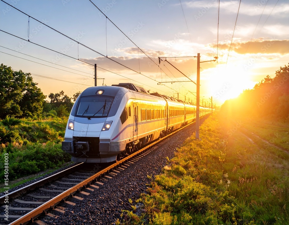 Naklejka premium Train on Railroad Tracks with Scenic Sunset Background*