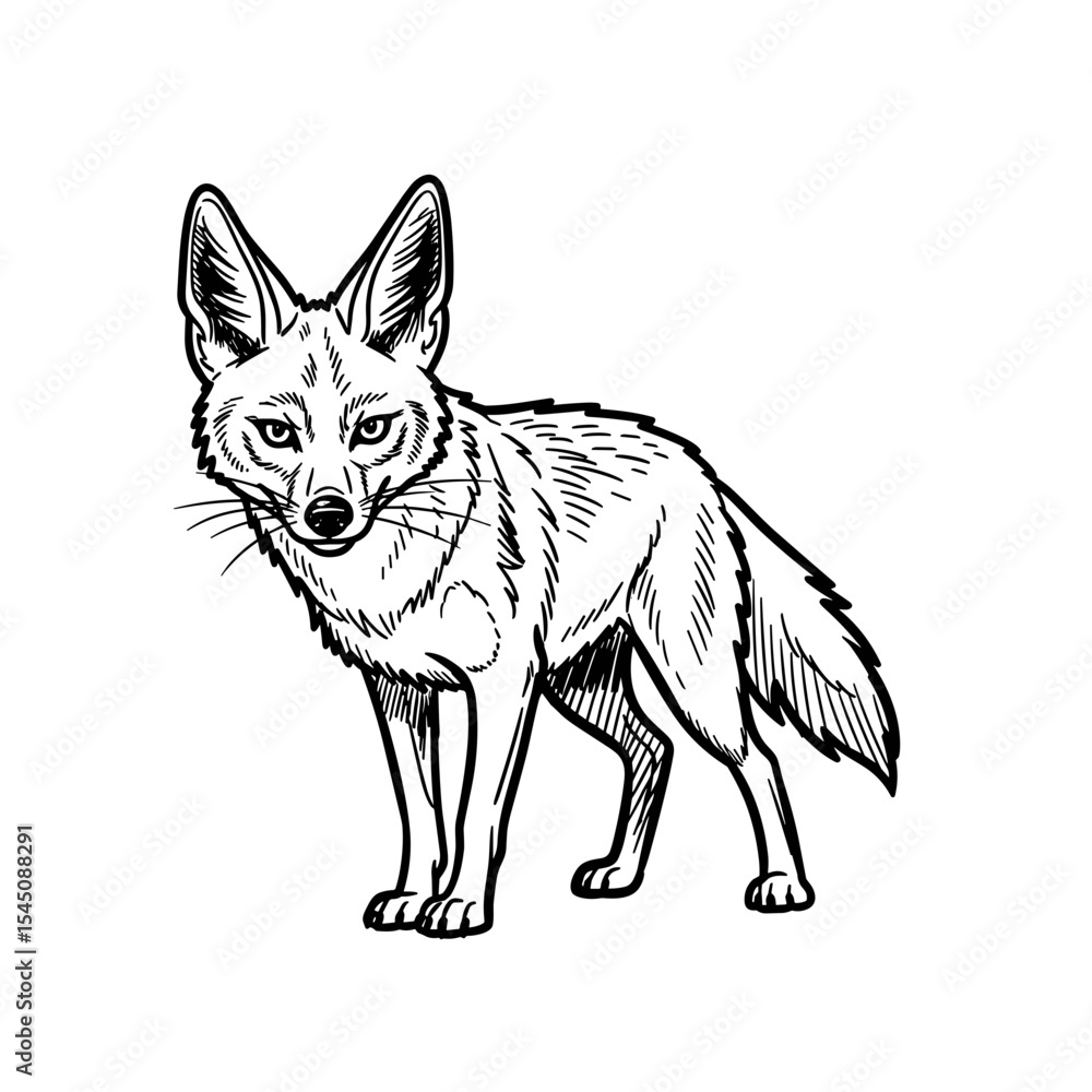Obraz premium Jackal standing alert in intricate black and white sketch style on transparent background