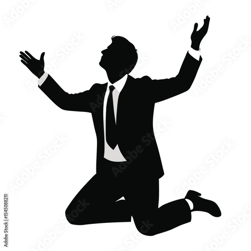 Silhouette of a businessman in a suit on his knees and begging with raised arms on white background