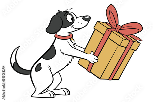 Cartoon dog with black spots happily holds a present box wrapped in a red ribbon