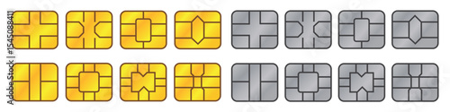 EMV chip. Credit and debit card elements. Vector flat icons set. Gold and silver smart card microchips for terminals and ATMs. Isolated objects