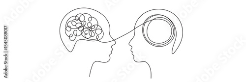 One line art of two human profiles facing each other, with a chaotic brain connecting to a calm, circular brain. Editable line. Concept of empathy, psychology, or communication