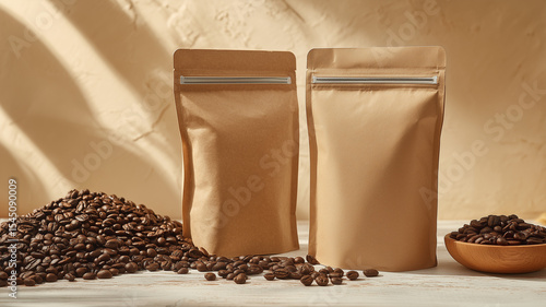 Close-up of two brown kraft paper coffee bags