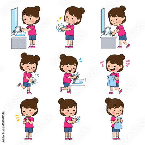 Child's Hand Hygiene: A vivid illustration sequence that teaches the correct steps of washing hands. The illustrations show a young girl following each stage.