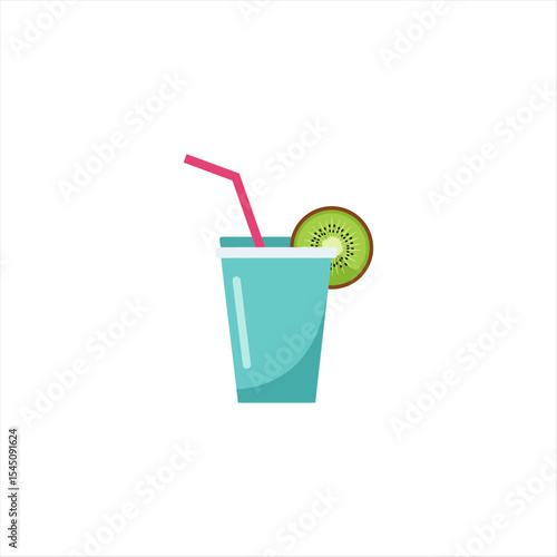 blue plastic cup with straw on white background