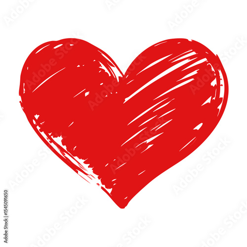 Red love heart made of rough strokes. Vector illustration on white background.