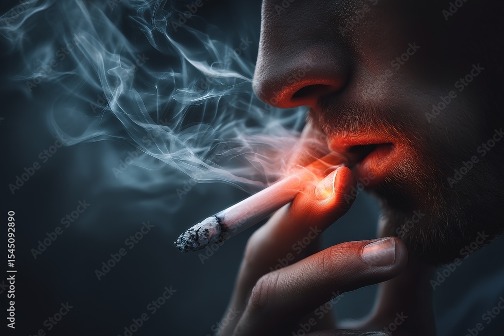 Obraz premium Close-up of a person smoking a cigarette with wisps of smoke against a dark background