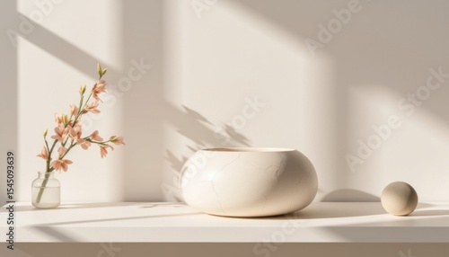 Elegant still life featuring soft ceramics and delicate flowers in natural light in a serene setting