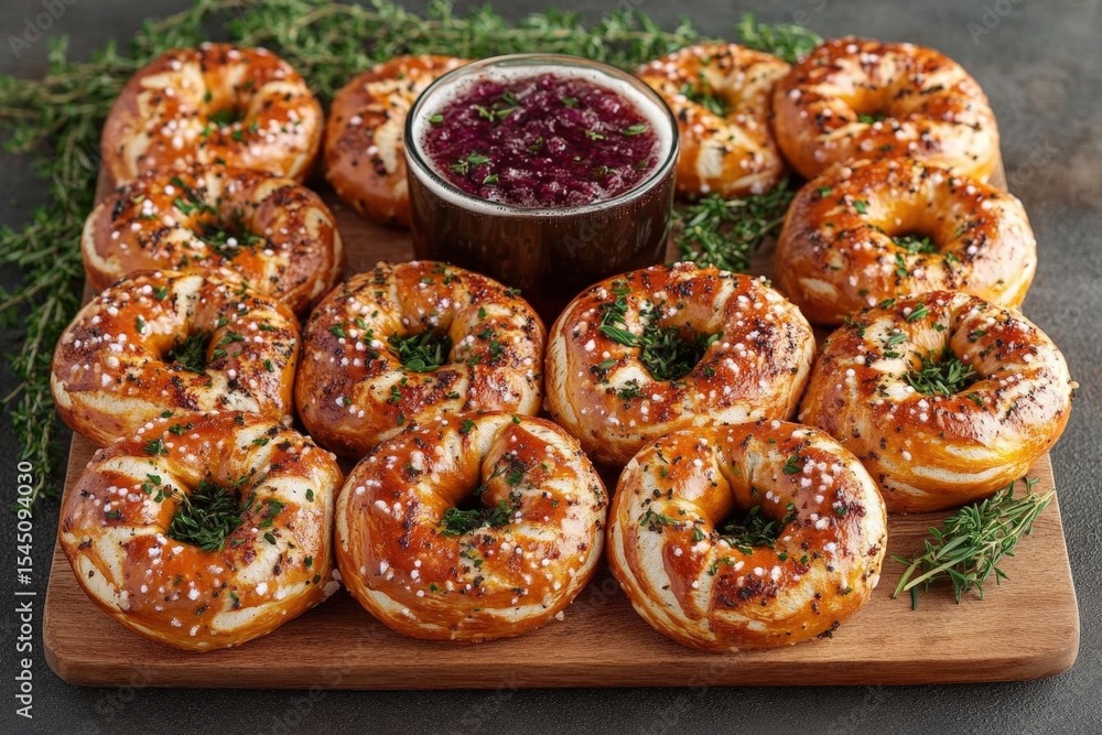 Arranged Pretzel Rings With Purple Jam On Wooden Board Arranged Pretzel Rings With Purple Jam On Wooden Board