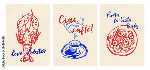 Italian food and coffee retro posters with hand drawn style typography and doodles. Vector set in blue and red ink stamp style.