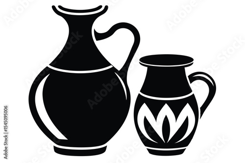 Black Silhouette Illustration Two Ceramic Jugs, One Tall Vase Shape, Decorative Design