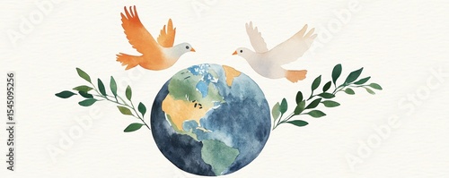 the image depicts a watercolor style scene featuring a round depiction of the world, rendered in hues of blue and green for the water and landmasses respectively