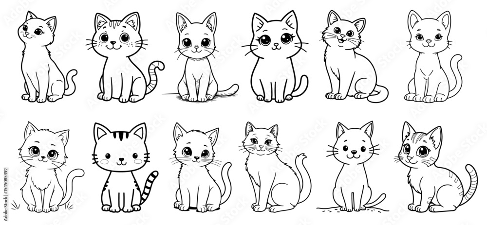 Cute cartoon cats in various poses for a children's coloring page Cute cartoon cats in various poses for a children's coloring page
