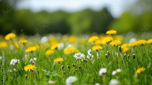 Sunny field of dandelions and green grass, a serene view of a spring meadow
