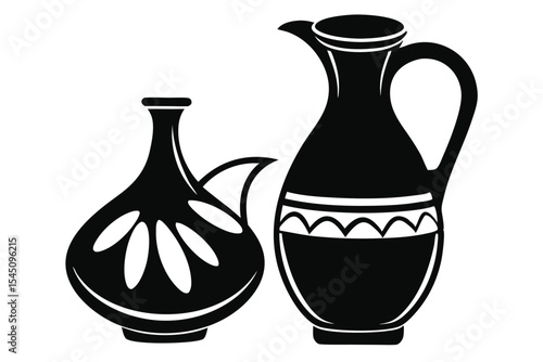 Two Vintage Black Decorative Pitchers, Different Shapes and Designs, Artistic Silhouette Style