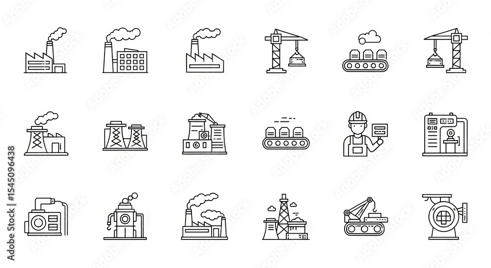 Collection of industrial and manufacturing icons in outline style representing various factory processes Collection of industrial and manufacturing icons in outline style representing various factory processes