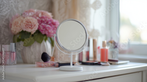 Inside the room, a white dressing table holds a small mirror alongside essential makeup items, perfect for daily routines.

