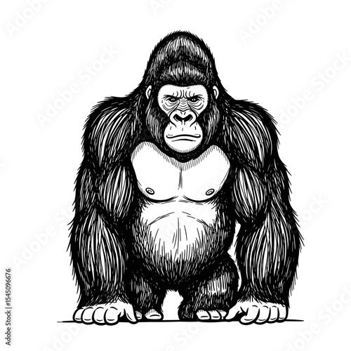Detailed illustration of a strong gorilla in a powerful stance on transparent background  