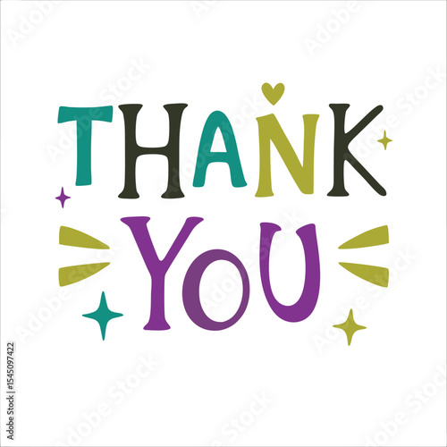 Colorful Thank You Text Design with Teal Purple Gold and Dark Green Letters and Stars on White Background