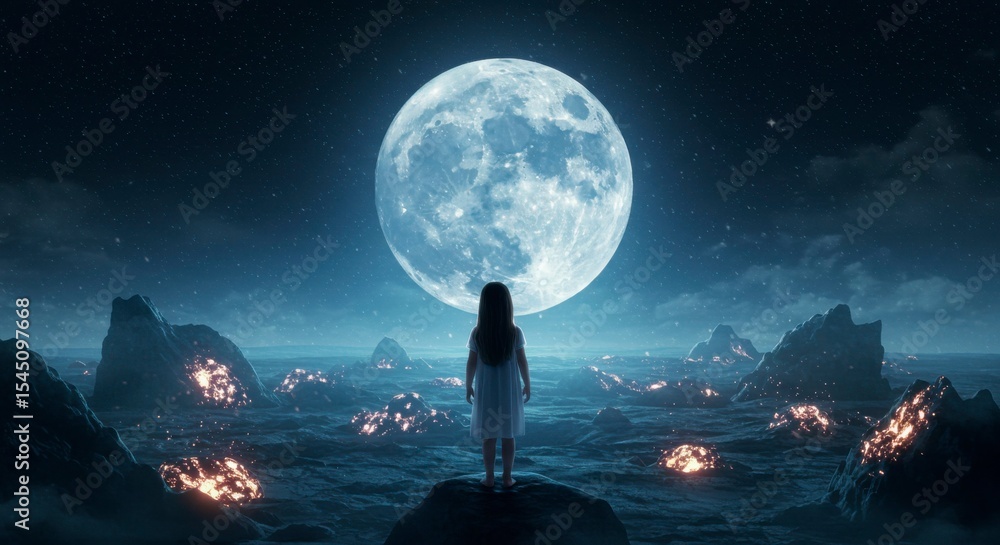 Fototapeta premium A girl in white gazes at a massive moon above a surreal, fiery landscape