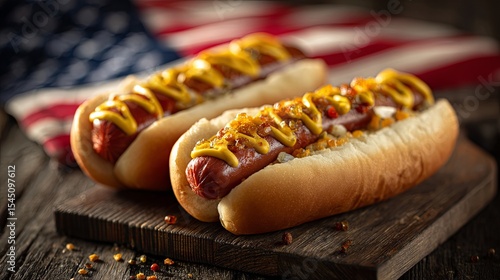 American Hot Dogs on Wooden Board for 4th of July Celebration