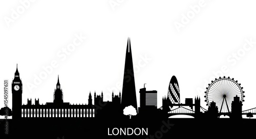 Silhouette of london skyline featuring famous landmarks against a white background in vector format