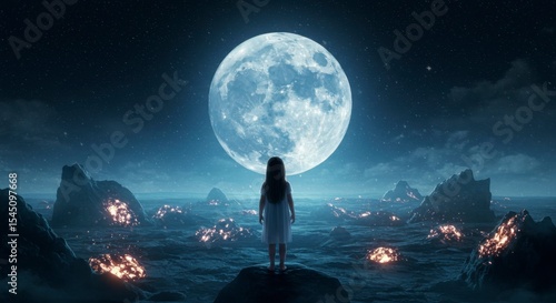 A girl in white gazes at a massive moon above a surreal, fiery landscape