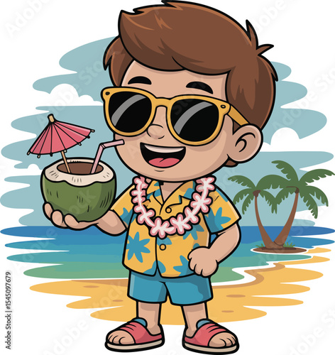 Boy savoring a refreshing coconut drink on a sunny beach.
