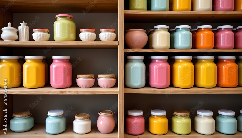 colorful pastel jars neatly lined on a shelf, on the right with clear copy space on the left. colorful pastel jars neatly lined on a shelf, on the right with clear copy space on the left.