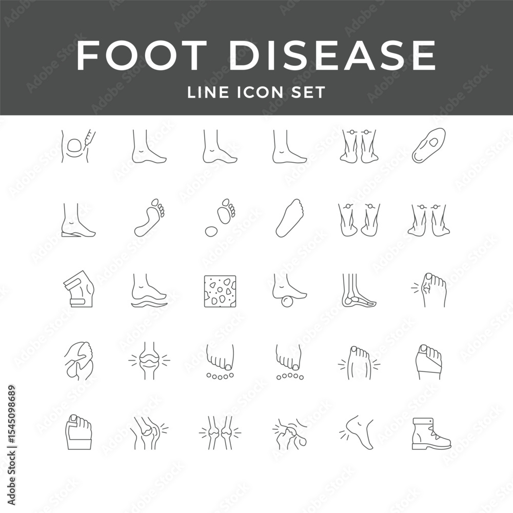 Naklejka premium Foot Disease Line Icon Set – Medical, Pain, Injury, Infection, Diabetes, Orthopedic, Podiatry, Minimal Vector Collection