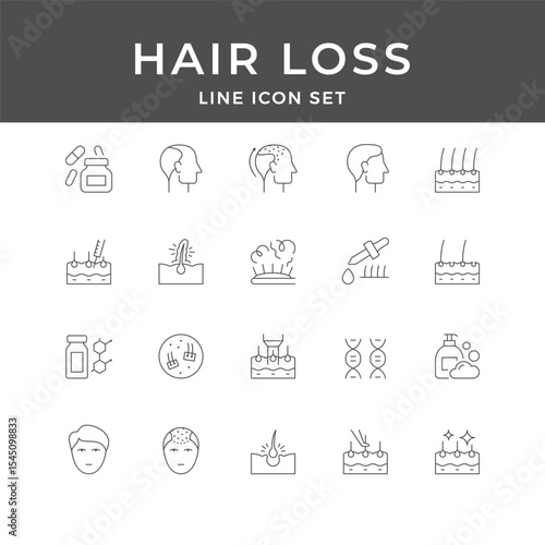 Hair Loss Line Icon Set – Baldness, Treatment, Scalp, Alopecia, Growth, Medicine, Care, Minimal Vector Collection