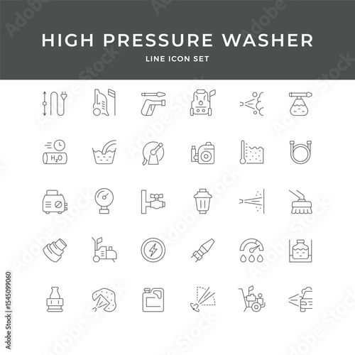 High Pressure Washer Line Icon Set – Cleaning, Water Jet, Equipment, Power Wash, Car Wash, Spray, Minimal Vector Collection