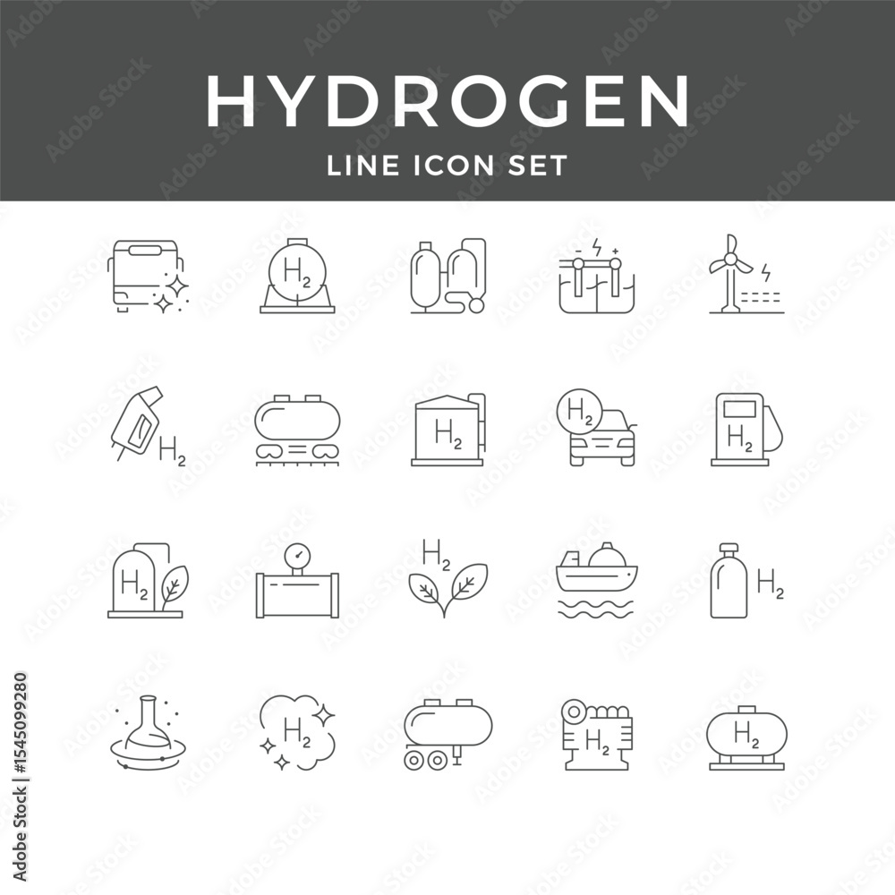 Hydrogen Line Icon Set – H2 Energy, Fuel Cell, Clean Power, Gas, Storage, Renewable, Transport, Minimal Vector Collection Hydrogen Line Icon Set – H2 Energy, Fuel Cell, Clean Power, Gas, Storage, Renewable, Transport, Minimal Vector Collection