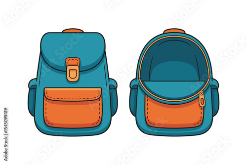 Teal and Orange Backpack Illustration Front and Back View