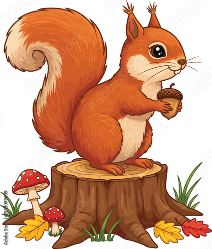 Charming Cartoon Squirrel Holding Acorn, Standing on Tree Stump with Mushrooms and Fall Leaves